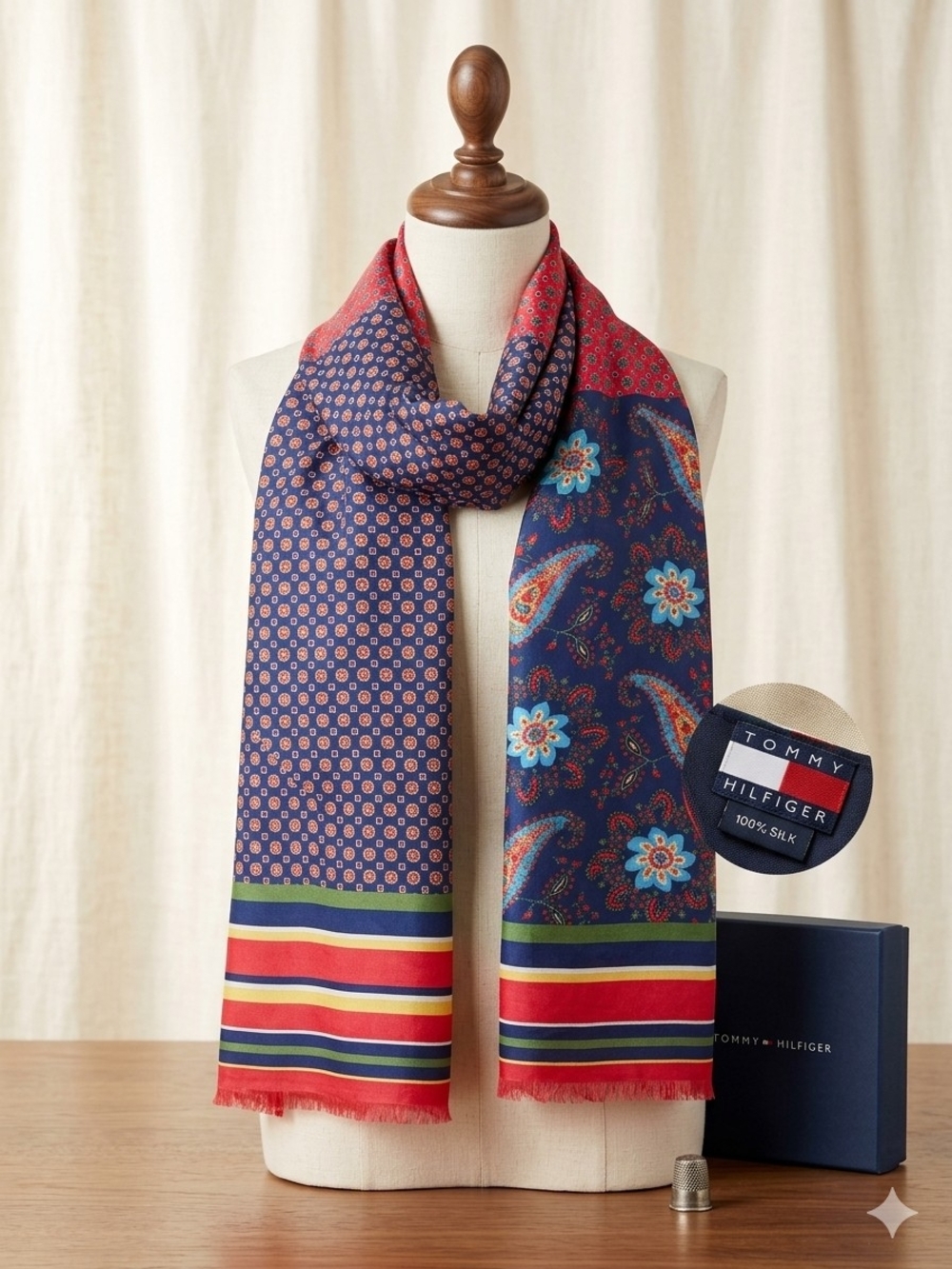Tommy Hilfiger Navy, Red & Green Silk Paisley Floral Stripe Scarf